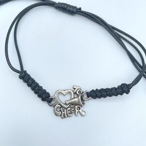 Adjustable Silver-Tone Black Cord Wax Rope Heart Cheerleading Charm Bracelet